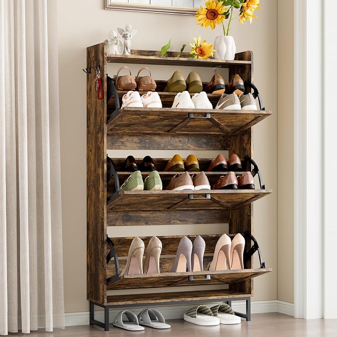 BORNOON Shoe Cabinet with 3 Flip Drawers Narrow Shoe Storage Cabinet Organizer Wooden Freestanding Shoe Rack Hidden Slim Shoes Storage Cabinet for Entryway, Hallway, Living Room, Bedroom