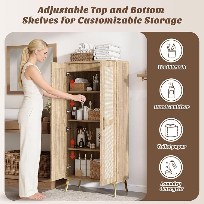 JASIWAY Tall Bathroom Storage Cabinet 57" Rattan Pantry Cabinet, Wood | With Doors and Adjustable Shelves, Freestanding Linen Closet & Wardrobe for Bathroom Laundry Bedroom, Anti-Tipping Device