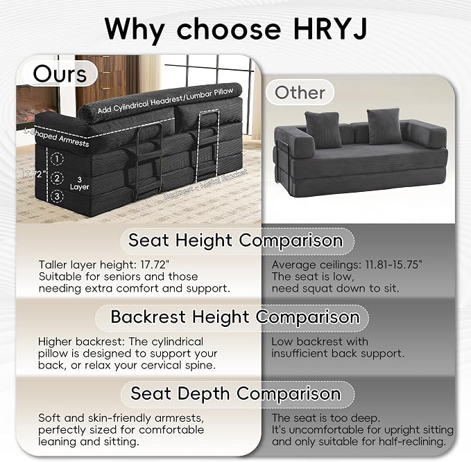 60" Boneless Couch, 5-in-1 Convertible Sofa Bed Tri Folding Mattress with Removable L-Shaped Armrests, Corduroy Futon Couch Sleeper with Pull Out Bed for Living Room Bedroom Apartment, Black