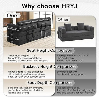 60" Boneless Couch, 5-in-1 Convertible Sofa Bed Tri Folding Mattress with Removable L-Shaped Armrests, Corduroy Futon Couch Sleeper with Pull Out Bed for Living Room Bedroom Apartment, Black