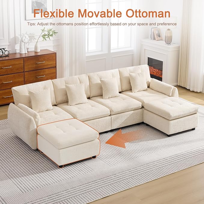 112" U Shaped Modular Sectional Cloud Sofa with 2 Ottomans, Oversized Deep Seat Tufted Chenille 6-Seater Couch with Curved Arms, Upholstered Sofas for Living Room, Beige