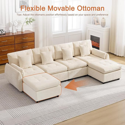 112" U Shaped Modular Sectional Cloud Sofa with 2 Ottomans, Oversized Deep Seat Tufted Chenille 6-Seater Couch with Curved Arms, Upholstered Sofas for Living Room, Beige