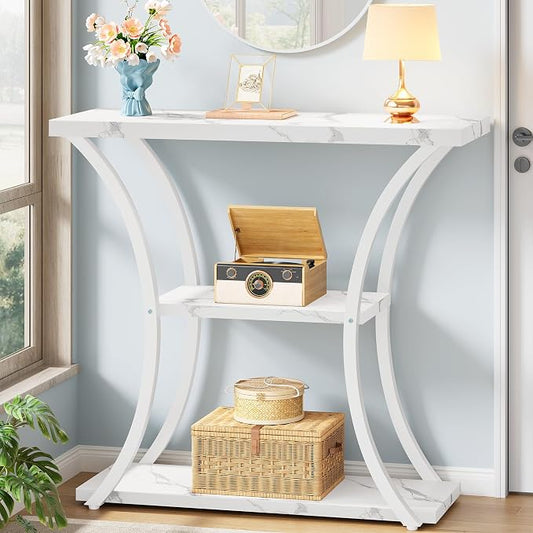 Hoctieon 3 Tier Console Table with Open Wood Shelves, Decorative Entryway Table with Curved Metal Frames, Narrow Sofa Table for Entrance, Living Room, Hallway, White Marbled