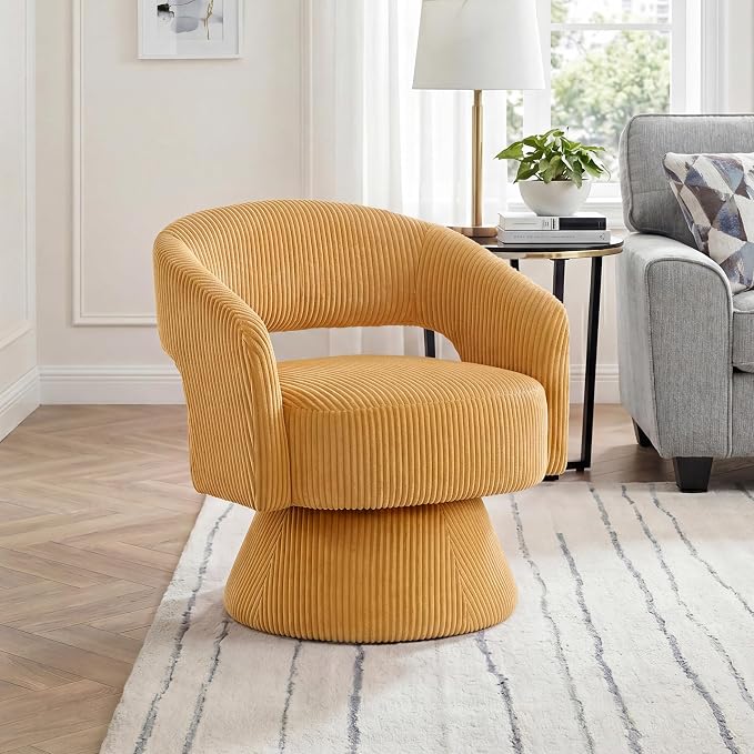 Lexicon 360 Degree Swivel Accent Chair, Modern Comfy Corduroy Round Barrel Chair, Open Back, Plush Foam Cushions, Metal Swivel Base for Living Room/Bedroom/Office/Small Spaces, Yellow