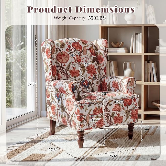 EROMMY Floral Accent Chair, Comfortable High Back Upholstered Armchair with Solid Wood Legs, Leisure Single Sofa Chair for Living Room, Bedroom, Home Office, Red Floral