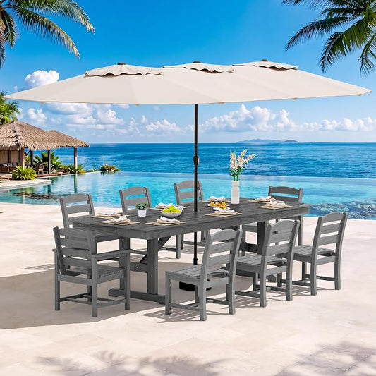 SERWALL 10 Piece 84" HDPE Outdoor Dining Set for 8 with 6 Armless Chair, 2 Armchairs and Umbrella, Gray