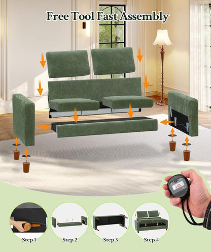 Welzona 87.2" Couches for living Room, Comfy Sectional Couch Green 7.5" Thicker Cushion, Sofas for Living Room Tool-Free Setup, Accent Chair with Ottoman 848lbs Support, Corduroy Couch for Home Office