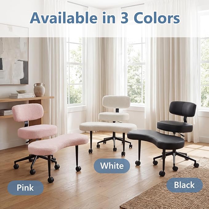 DUMOS Ergonomic ADHD Meditation Office Desk Chair with Adjustable Backrest, Cross Legged Chair Height Adjustable with 360° Swivel Footstool, Yoga Stool for Home Office, Teddy Fabric Pink