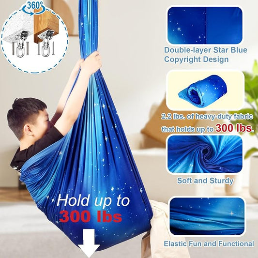 Sensory Swing for Kids Indoor/Outdoor Double Layer Therapy Cuddle Swing with 360 Swivel Hanger Kit - Adjustable for Child & Adult with Aspergers/Autism (Star Blue)