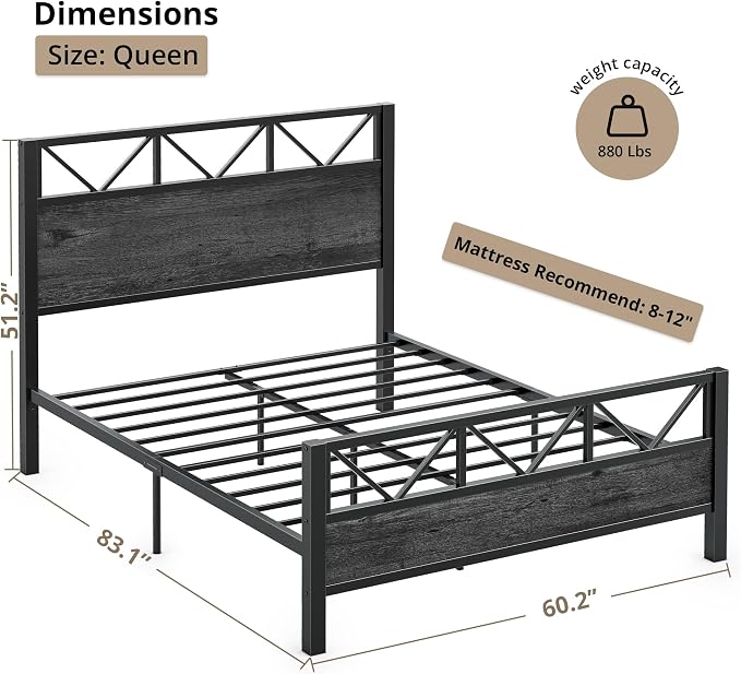 LIKIMIO Queen Bed Frame, Tall Industrial Headboard 51.2 ", Platform Bed Frame with Strong Metal Support, Solid and Stable, Noise Free, No Box Spring Needed, Easy Assembly, Charcoal Grey