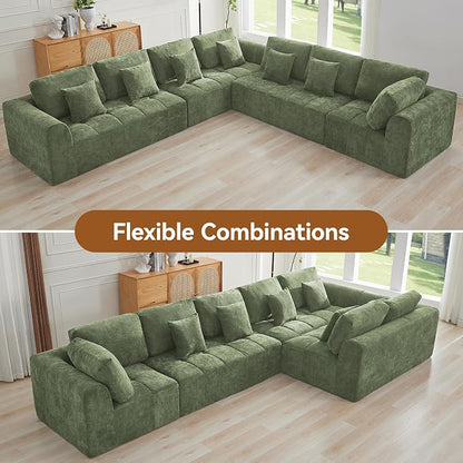 140''Modular Sectional Couches for Living Room, Cloud Boneless Compressed Sectional Sofa, Oversized L Shaped 7 Seater Upholstered Memory Foam Sofa, No Assembly, Chenille Green