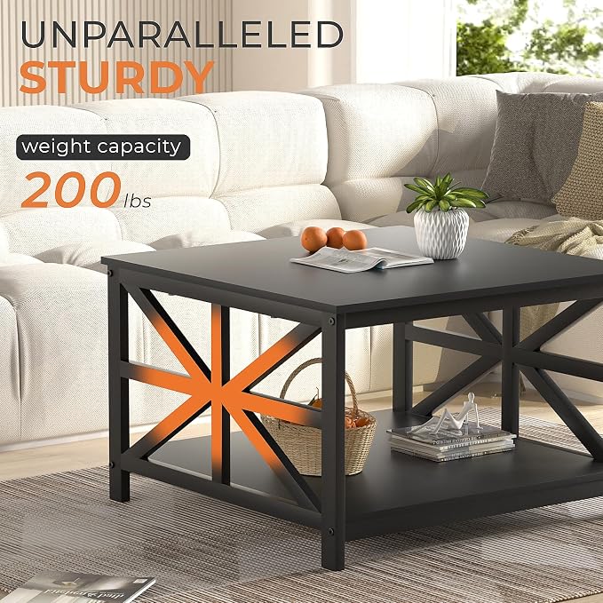 GreenForest Modern Living Room Coffee Table with 2 Tier Storage | X Metal Frame Square Center Table with Seamless One-Piece Tabletop,27.55 inch Sofa Table,Scratch-resistant,Black