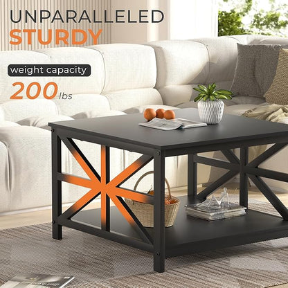 GreenForest Modern Living Room Coffee Table with 2 Tier Storage | X Metal Frame Square Center Table with Seamless One-Piece Tabletop,27.55 inch Sofa Table,Scratch-resistant,Black