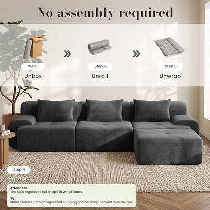 GRUSIGN 118'' Modular Sectional Oversized Boneless Couch, Tufted Cloud Sectional Couches for Living Room, L Shape Deep Seat Sofa with Ottoman & 3 Throw Pillows,Corduroy Couch,Dark Grey