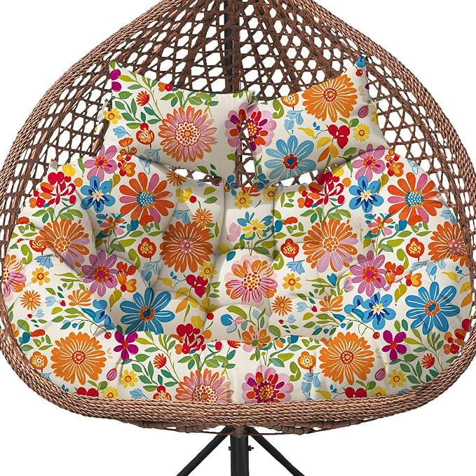 Double Egg Chair Cushion Replacement Waterproof for Outdoor Patio Hanging Basket Egg Chairs, 59x43-Inch Thickened 100% Cotton Large Double Eggs Swing Chair Cushions, Colored Daisy