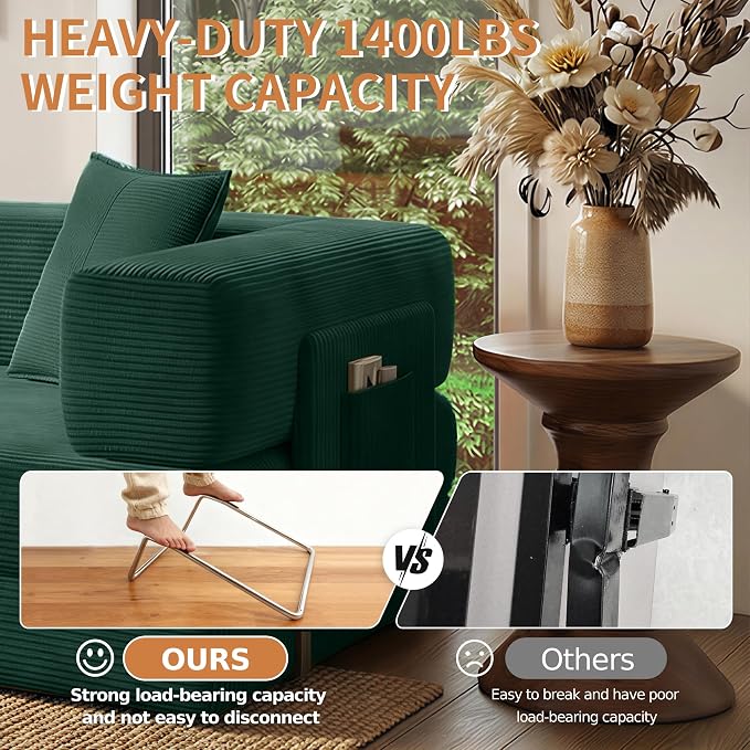 78.8" Convertible Sofa Bed with Armrest Pillow, 4-in-1 Sleeper Couch Bed for Livingroom, Modular Corduroy Boneless couches, No Assembly (Forest Green)