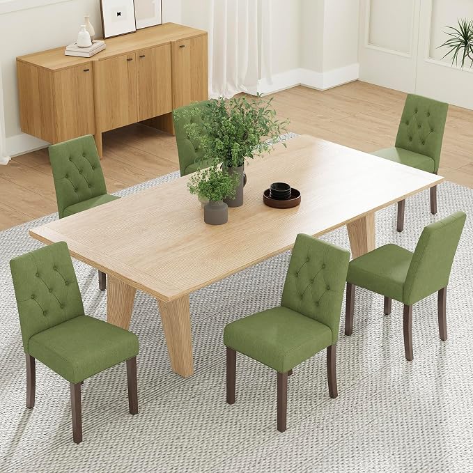 Upholstered Dining Chairs Set of 6, Modern Fabric Dining Chairs with Tufted Design, Kitchen Side Chairs, Farmhouse Dinner Chair with Wood Legs for Kitchen Restaurant Living Room, Green