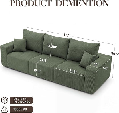 Modular Sectional Sofa, 115" Memory Foam Cloud 3-Seater Boneless Couch, Cozy Upholstered Corduroy Frameless Sofa, No Assembly Required Extra Wide Seating for Living Room & Apartment, Green