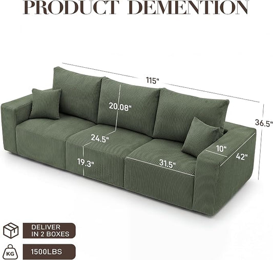 Modular Sectional Sofa, 115" Memory Foam Cloud 3-Seater Boneless Couch, Cozy Upholstered Corduroy Frameless Sofa, No Assembly Required Extra Wide Seating for Living Room & Apartment, Green