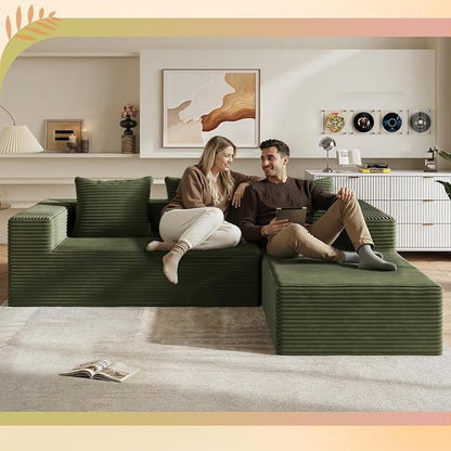 WLIVE 104'' Cloud Sectional Couches for Living Room, Modular Boneless Couch with Left Facing Chaise, L Shape Memory Foam Corduroy, with Cushion, Green