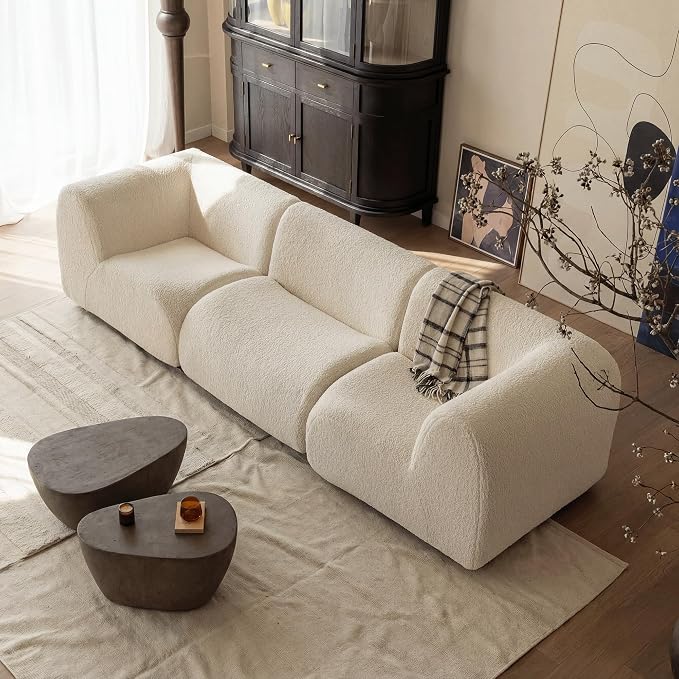 110" 3-Seater Modular Sectional Sofa, Sherpa Cloud Couch with Deep Seat Comfort, Boneless Curved Sofas with High-Density Foam Strong Support, Modern Cozy Sofa for Living Room – No Assembly, White