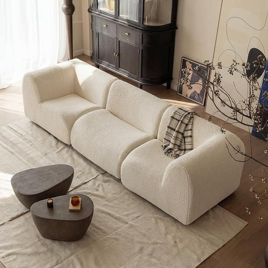 110" 3-Seater Modular Sectional Sofa, Sherpa Cloud Couch with Deep Seat Comfort, Boneless Curved Sofas with High-Density Foam Strong Support, Modern Cozy Sofa for Living Room – No Assembly, White
