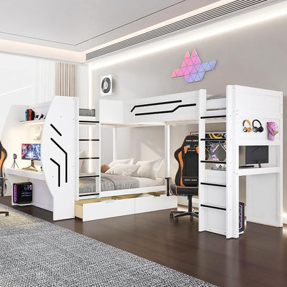 Twin&Full Over Full Triple Bunk Bed with Desk and Storage Drawers & LED,Charging Station,Solid Wood L-Shaped 3 Gaming Bunk Bed with Ladder,Guardrail,No Box Spring Needed (White,Twin & Full Over Full)