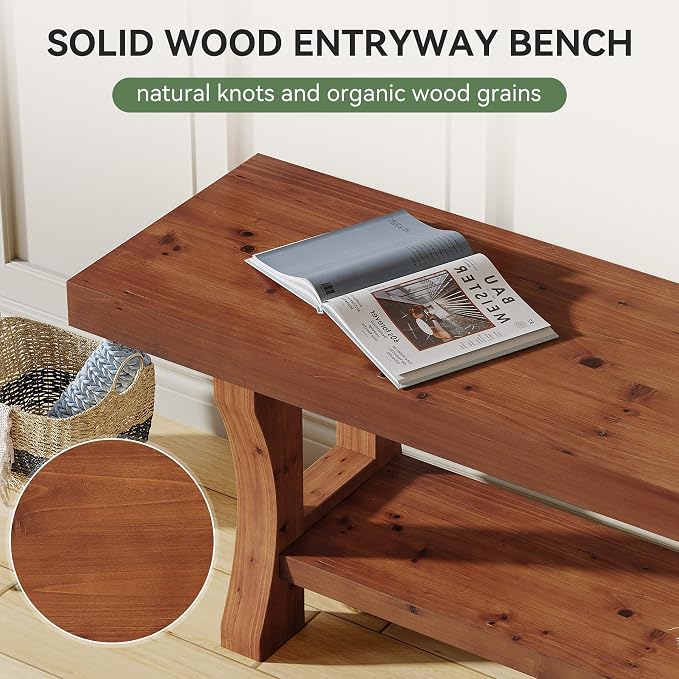 Solid Wood Entryway Bench, 55" End of Bed Bench, Long Indoor Dining Seat for Hallway, Bedroom, Living Room, Dining Room, Easy Assembly, Red Brown