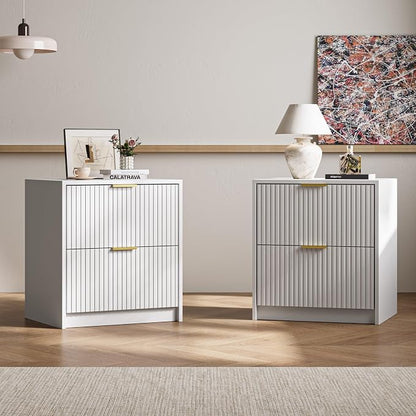 MAISONARIA 3-Piece Dresser Bedroom Set, 6 Drawer Dresser & 2 Drawer Nightstands with Gold Handles, Fluted Wood Chest of Drawers for Bedroom, Living Room, Entryway, White
