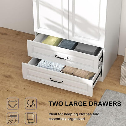 White Armoire Wardrobe Closet: 88" Extra Tall Wardrobe Closet with 2 Drawers, Bedroom Armoires with 2 Doors, Wood Large Armoire with Top Cabinet (White, 31.5")