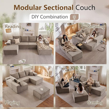 135" Modular Sectional Sofa with U Shaped Chaise, Upholstered Couches for Living Room with Deep Seat, No Assembly Required, Corduroy Cloud Couches, Camel(Right-Facing Chaise