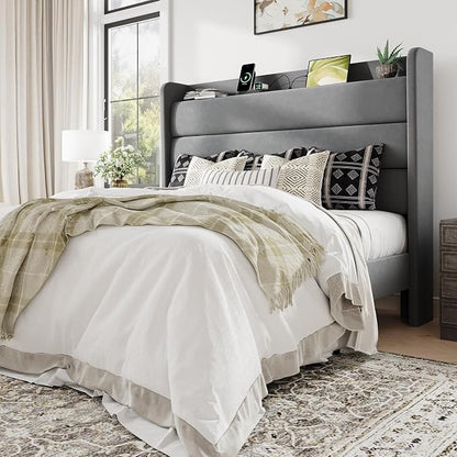 Allewie Queen Size Upholstered Bed Frame with Charging Station & Storage Headboard, Soft Velvet Wingback Platform Bed, Strong Wooden Slats Support, No Box Spring Needed, Easy Assembly, Light Grey