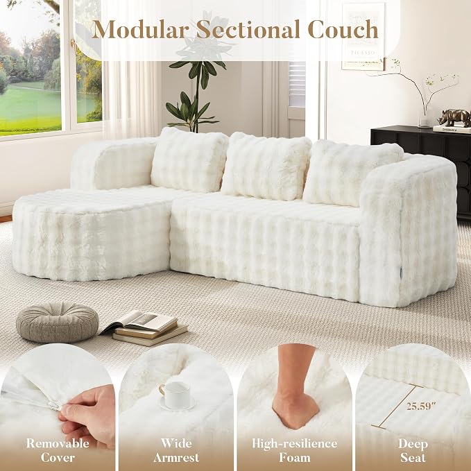 Hobestluk Modular Sectional Sofa Couches L-Shape Couch 3 Seat Modular Sofa Memory Foam Sectional Couches for Living Room, Cloud Couch (Round Eider White, 96", Left Hand Facing)