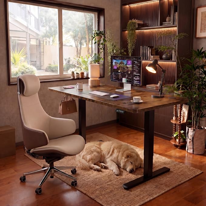 Furmax Electric Height Adjustable Standing Desk Large 48 x 24 Inches Sit Stand up Desk Home Office Computer Desk Memory Preset with T-Shaped Metal Bracke, Brown
