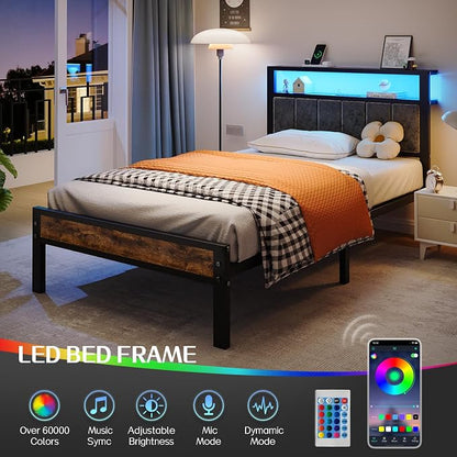 Liians Twin Size Platform Bed Frame with LED Lights, Grey Upholstered Headboard with 2-Tier Storage Shelves, Charging Station, Noise Free, No Box Spring Needed, Easy Assemably