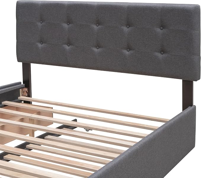 Ball & Cast Queen Bed Frame with 2 Drawers and 1 Twin XL Trundle, Linen Upholstered Platform Bed Frame Queen Size with Button Tufted Headboard & Wood Slats Support,No Box Spring Needed,Dark Gray