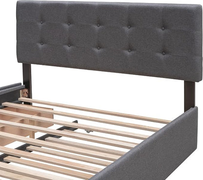 Ball & Cast Queen Bed Frame with 2 Drawers and 1 Twin XL Trundle, Linen Upholstered Platform Bed Frame Queen Size with Button Tufted Headboard & Wood Slats Support,No Box Spring Needed,Dark Gray