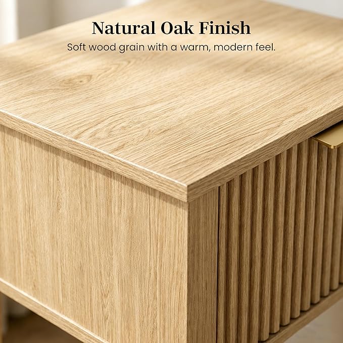 Natural Oak 15" Wide Small Nightstand with Drawer, Open Shelf, Fluted | Light oak tone, ribbed fluted front, 11.8-inch slim depth, concealed storage, airy fit for bedside, sofa side, or chair side