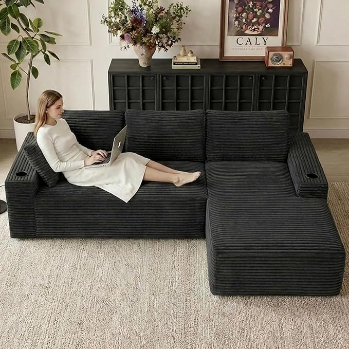 104" Cloud Sectional Couch L-Shaped with Side Pockets Cup Holders, Corduroy Boneless Couch for Living Room,Upholstered Deep-Seat Modular Sectional Sofa,No Assembly Required (Black,Right Facing Chaise)