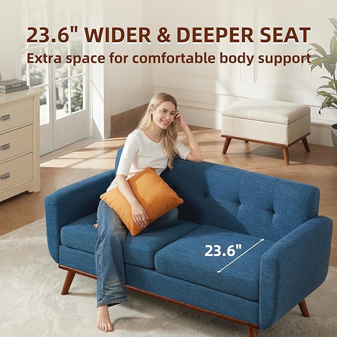 Kingfun 65.2" W Loveseat Sofa, Mid Century Modern Decor Love Seat Couches for Living Room, Button Tufted Upholstered Furniture, Solid & Easy to Install Small Couch for Bedroom Office Apartment, Blue