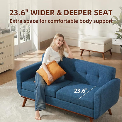 Kingfun 65.2" W Loveseat Sofa, Mid Century Modern Decor Love Seat Couches for Living Room, Button Tufted Upholstered Furniture, Solid & Easy to Install Small Couch for Bedroom Office Apartment, Blue
