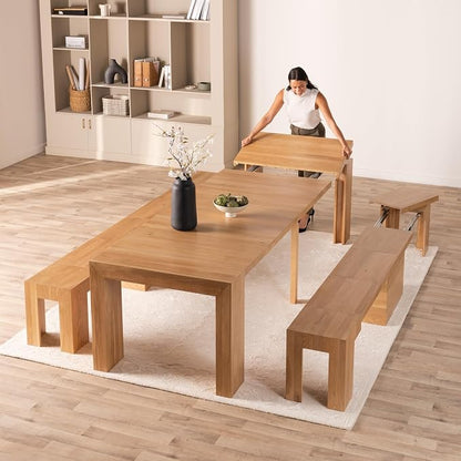 Transformer Table - Solid Wood Extendable Dining Table with 2 Benches, Seats 2-12, Expandable Table, Space-Saving Furniture, Expandable Furniture, Scandinavian Oak, Natural Finish (Table + 2 Benches)