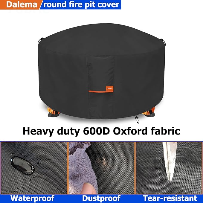 Fire Pit Cover,Outdoor Heavy Duty 600D 100% Waterproof Fire Pit Cover Round,Weatherproof Firepit Covers Round 38" Dia x 24" H,Black