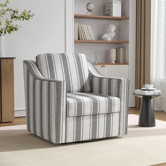 Swivel Accent Chair, 360° Swivel Upholstered Club Armchairs for Living Room, Comfy Fabric Single Sofa Reading Chair with Deep Seat, Metal Swivel Base, Gray Stripe