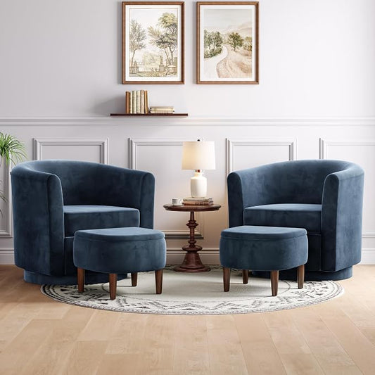 Swivel Accent Chair with Storage Ottoman Set of 2, Small Modern Velvet Barrel Chair, Upholstered Armchair with Footrest for Living Room/Reading/Bedroom, 24.8'' D x 25.38'' W x 25.6'' H, Blue
