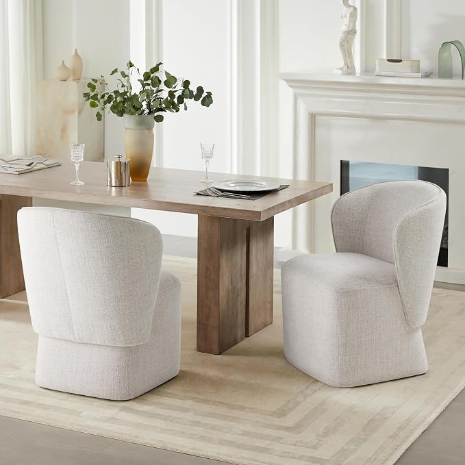 KISLOT Upholstered Dining Chairs with Wheels, No Assembly Stain Resistant Fabric Modern Barrel Armchair with Casters, Dining Room Chairs for Kitchen Living Room Bedroom, Linen, Set of 4