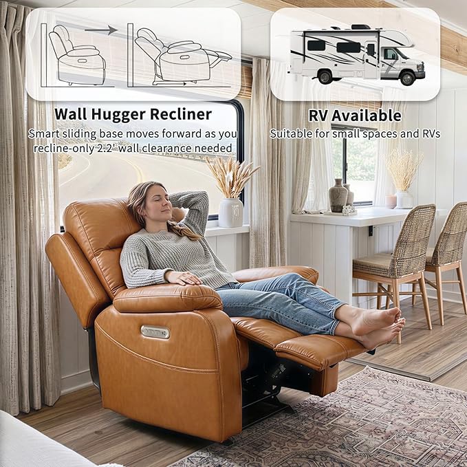 EONIX Power Zero Wall Hugger Power Recliner Chair for Small Space RV Living Room,Power Recliner with Massage and Heat, USB & USB-C Charging Ports, SXXY003992, Saddle Brown
