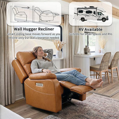 EONIX Power Zero Wall Hugger Power Recliner Chair for Small Space RV Living Room,Power Recliner with Massage and Heat, USB & USB-C Charging Ports, SXXY003992, Saddle Brown