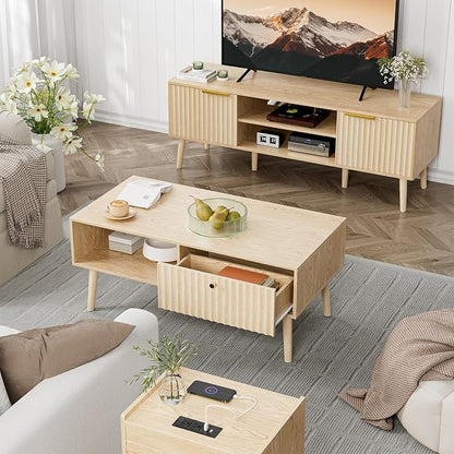 LCRBOL Coffee Table with Fluted Drawer, Modern, Oak | 39.3"W x 19.7"D x 17.1"H, 1 fluted drawer & open shelf, golden handle, 5 legs, ~45 min assembly