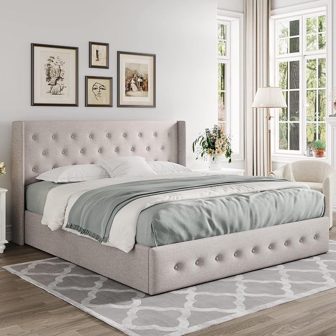 Allewie Queen Size Lift Up Storage Bed, Button Tufted Headboard with Wingback, Hydraulic Support, No Box Spring Needed, Light Beige